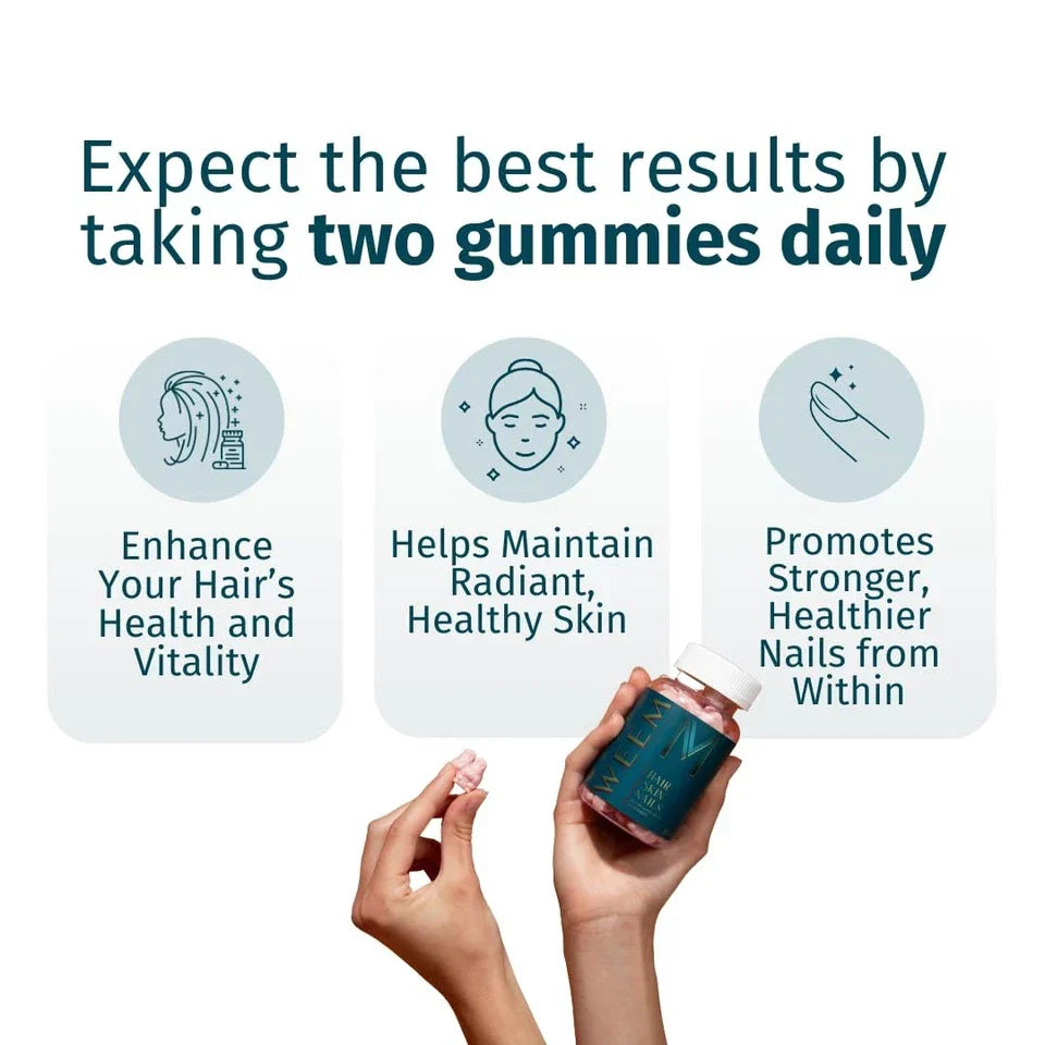 WEEM Hair Skin and Nails Gummies - Supports Healthy Hair - Vegan biotin Vitamins for Women &amp; Men Supports Faster Hair Growth, Stronger Nails, Healthy Skin, Extra Strength (3)