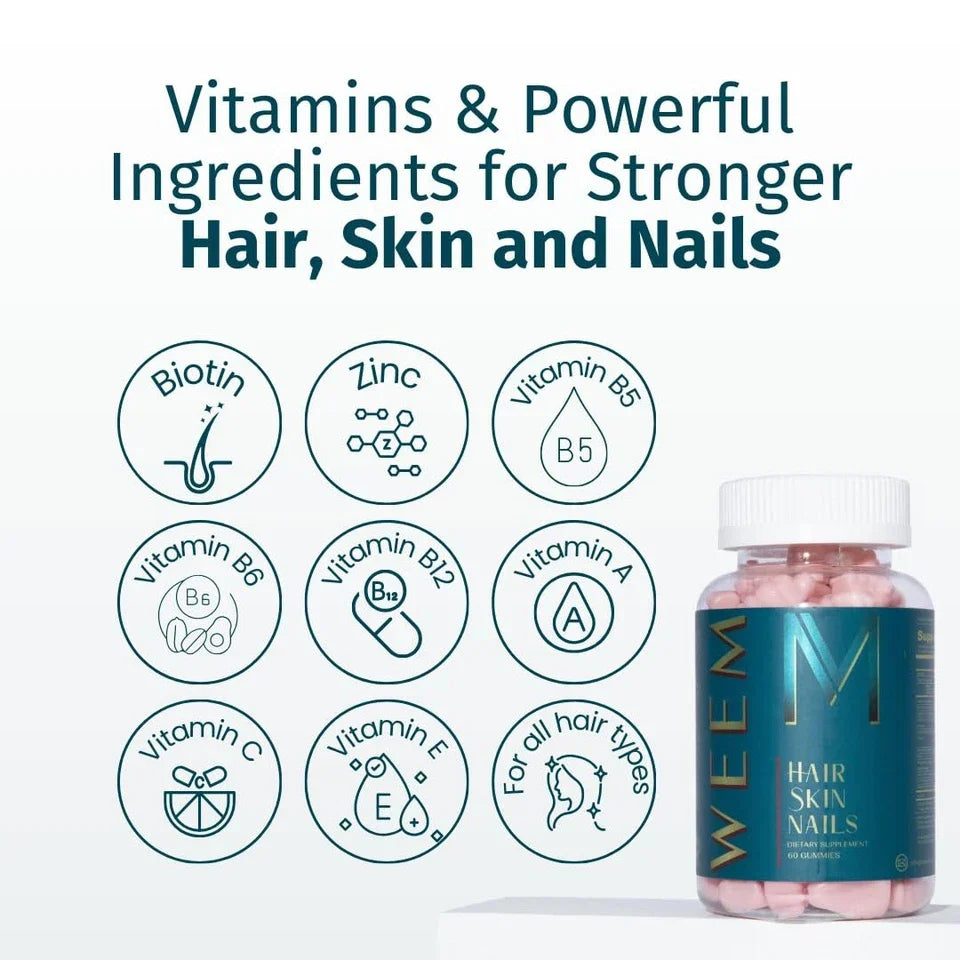 WEEM Hair Skin and Nails Gummies - Supports Healthy Hair - Vegan biotin Vitamins for Women &amp; Men Supports Faster Hair Growth, Stronger Nails, Healthy Skin, Extra Strength (3)