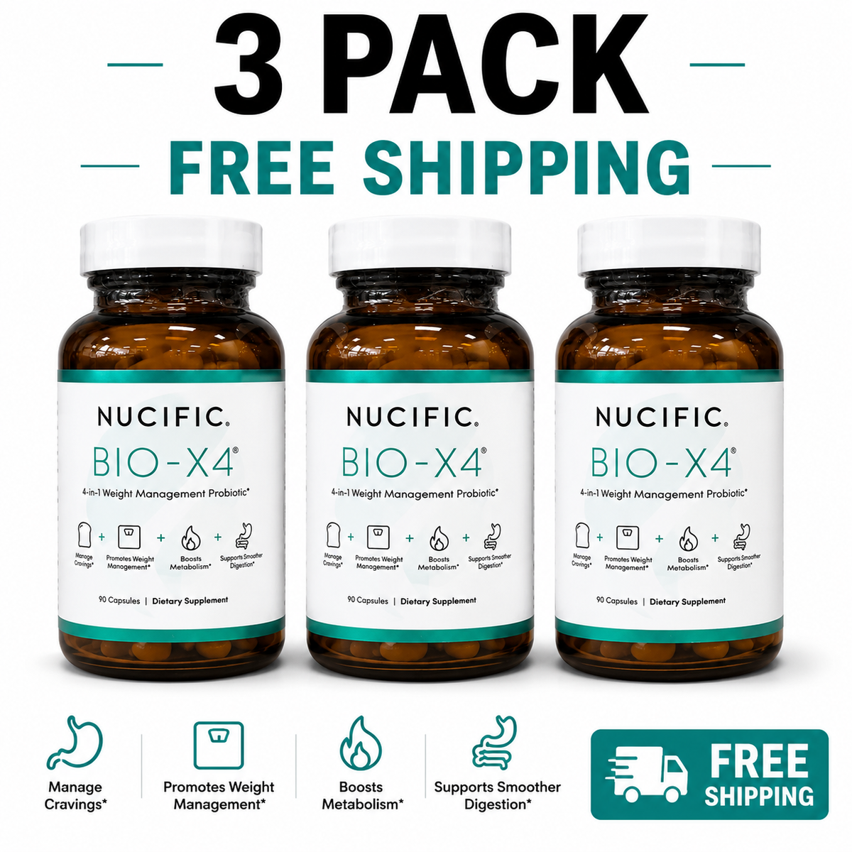 3 Pack Bio-X4 4-in-1 Probiotic Digestive Weight Support 90 Caps
