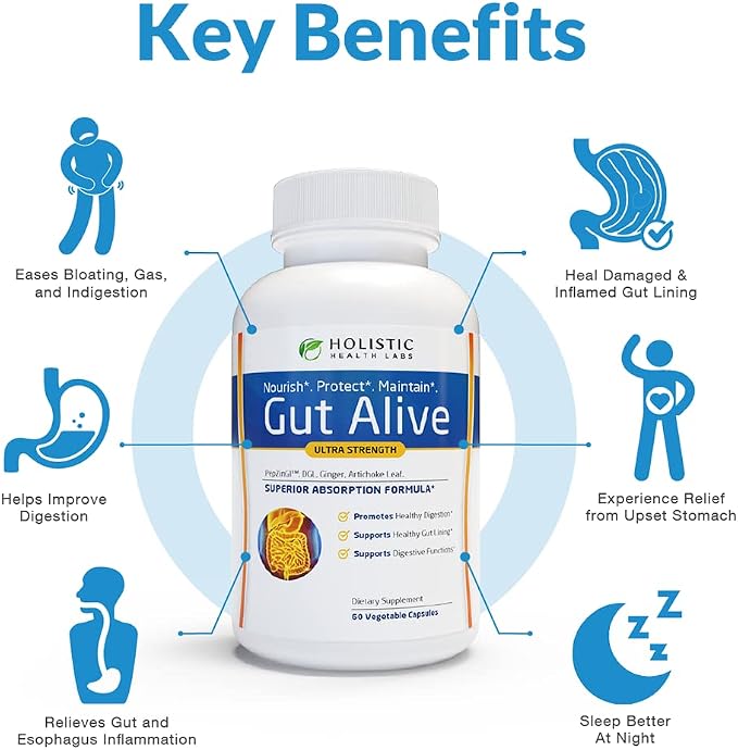 Holistic Health Labs Gut Alive - All Natural Support to Fight IBS, Heartburn & (60 Count (Pack of 3)