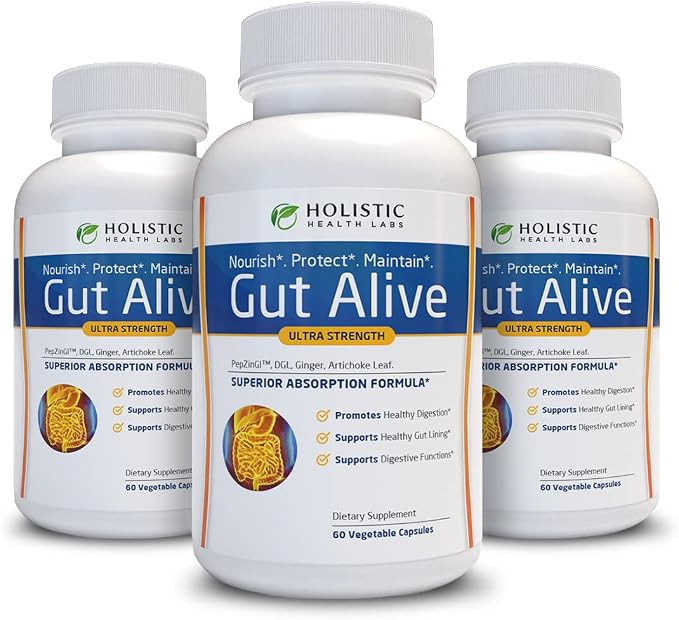 Holistic Health Labs Gut Alive - All Natural Support to Fight IBS, Heartburn & (60 Count (Pack of 3)