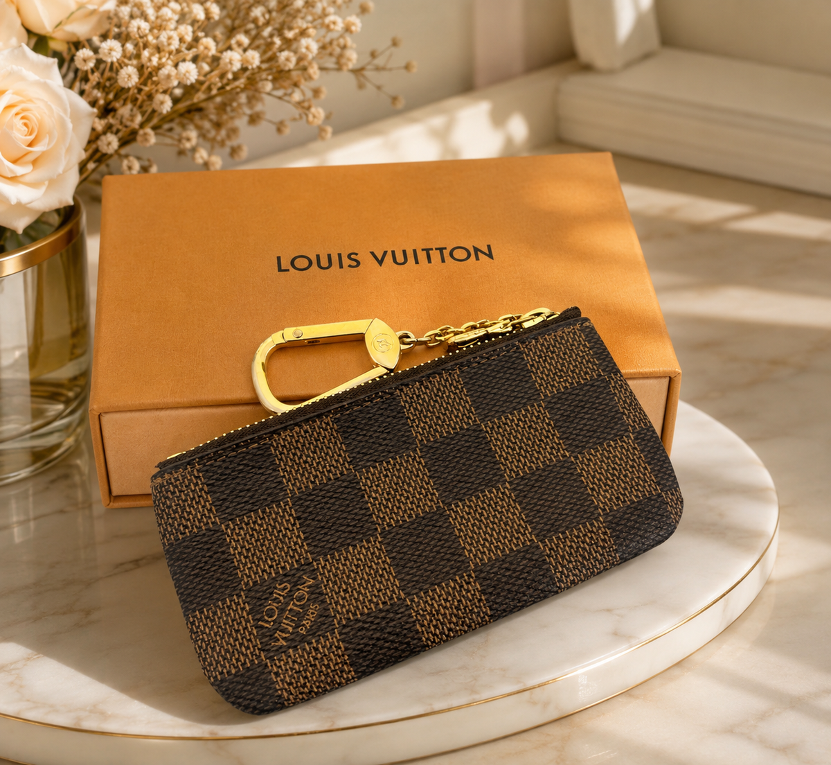 LOUIS VUITTON Damier Ebene Pochette Cles Coin Purse Key Case Brown N62656