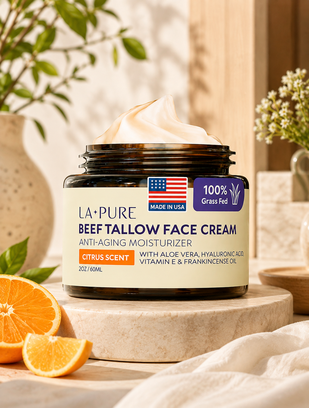 Beef Tallow Face Cream 20oz Grass-Fed with Aloe Vera & Hyaluronic Acid - Citrus