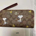 COACH x PEANUTS Long Zip around Wallet Snoopy Woodstock Khaki Signature