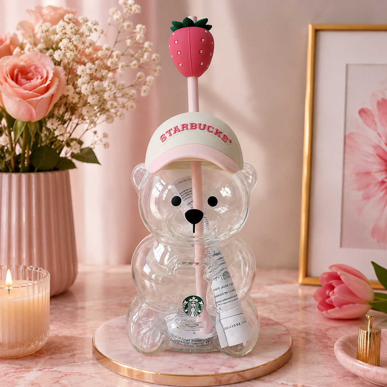 Starbucks Bearista Glass Pink Drink Bear Tumbler Strawberry Straw Cup