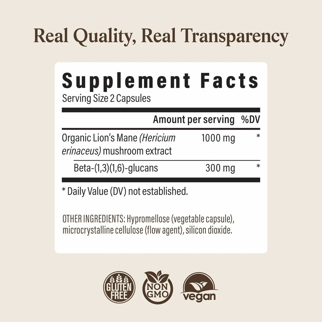 Organic Lion's Mane Mushroom Capsules | Cognitive & Brain Support Supplement | 120 Count
