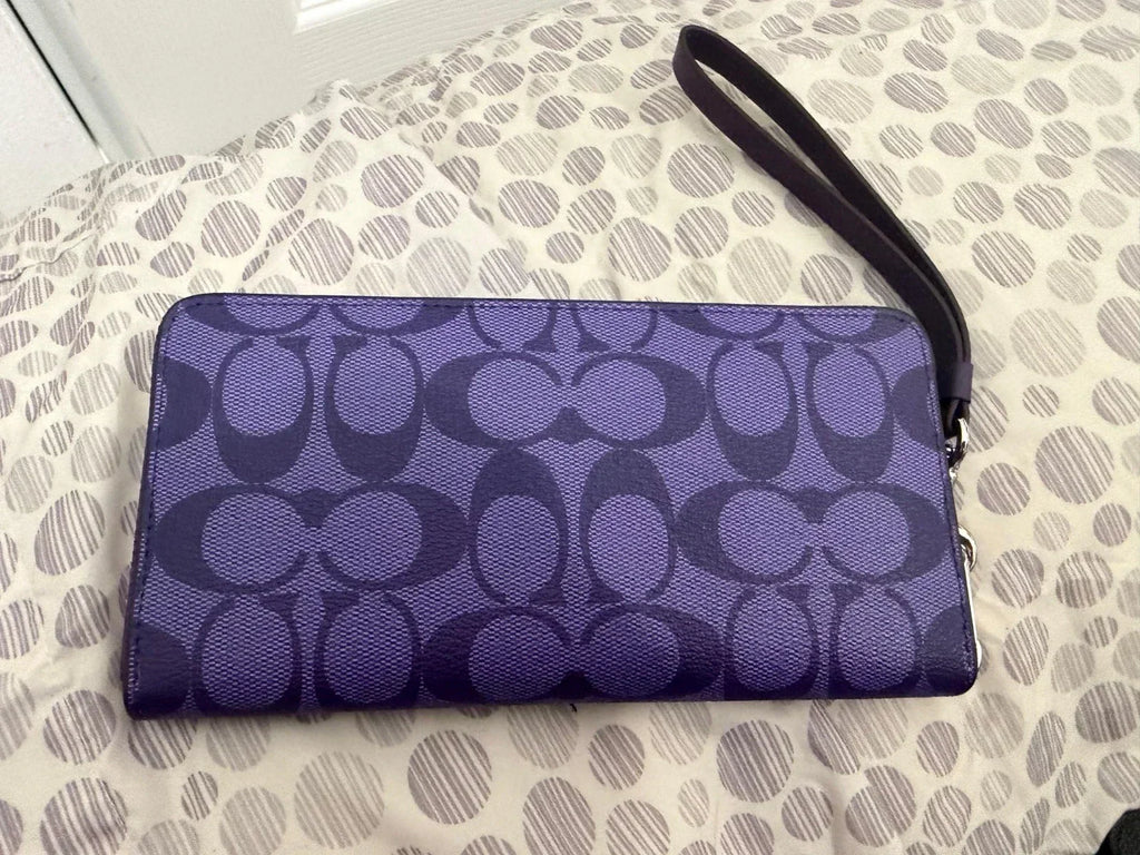 Coach Purple Signature PVC Zip Around Wallet Wristlet Leather