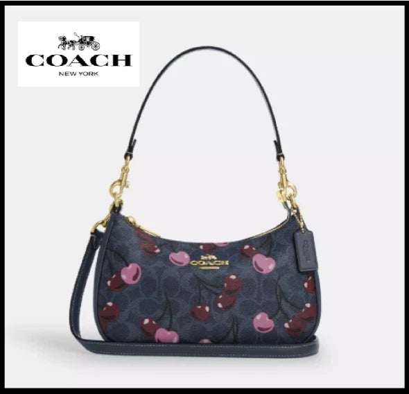 COACH CY694 Teri Shoulder Bag Signature Canvas Cherry Print Denim Blue Outlet