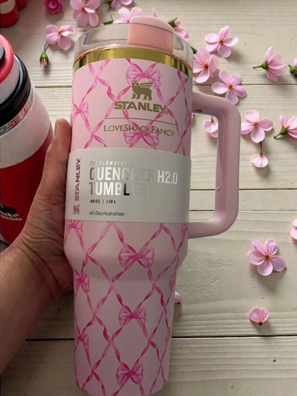 Stanley 1913 x Love Shack Fancy Baby Bow Pink Peppermint 40oz Holiday Quencher.