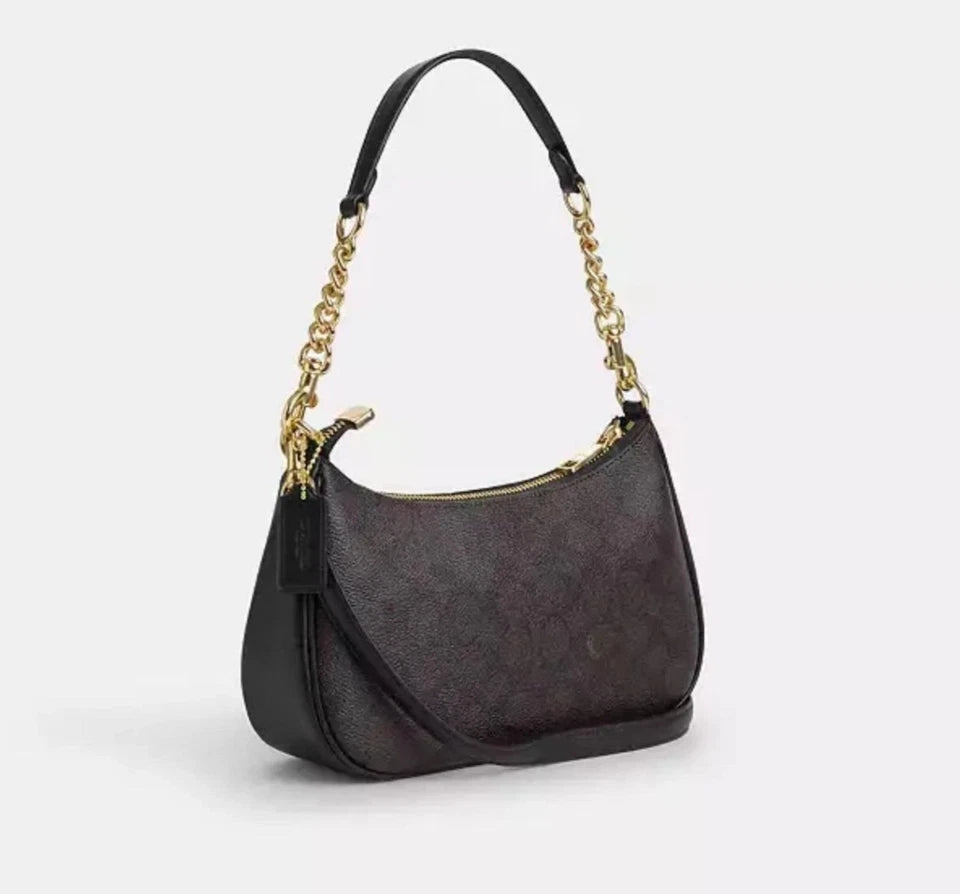 CA548 Teri Shoulder Bag In Signature Canvas/Gold/Walnut/Black Free Shipping
