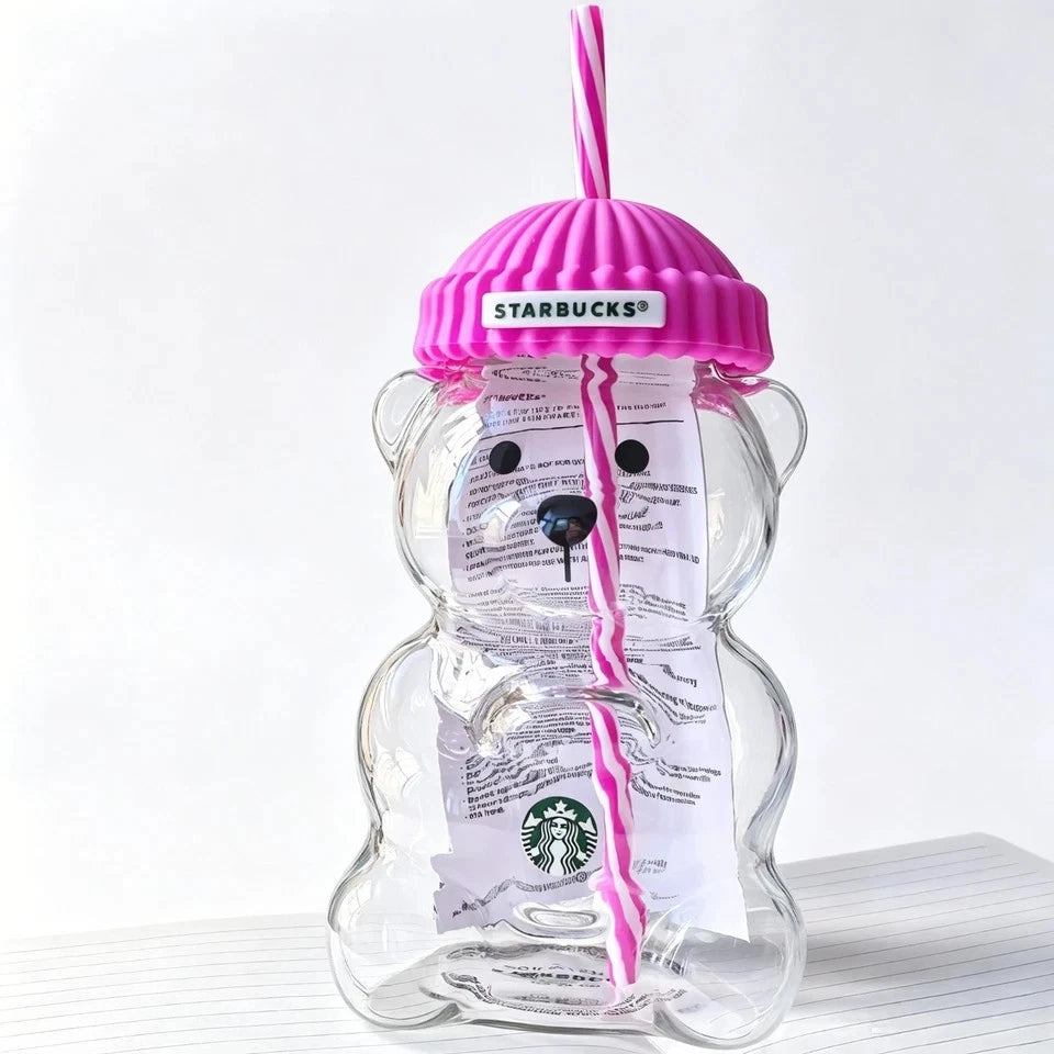 Starbucks Bearista Pink Bear Glass Tumbler Cold Cup with Straw 20oz 591ml