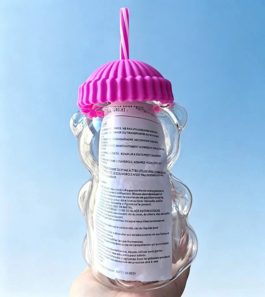 Starbucks Bearista Pink Bear Glass Tumbler Cold Cup with Straw 20oz 591ml